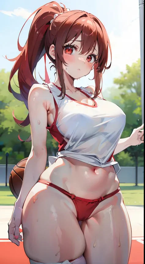 , (best quality), realistic, (anime picture, rich details details, depth of field), (1girl, solo), makeup, cleft lip, high detail, perfect face shape, (large breasts: 1.4), (skindentation), thick thighs, Wide hips, thin waist, tall, coral, red lips, red ey...