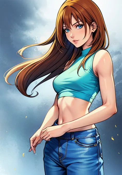 (casual outfit), (croptop, bluetshirt, yellow sleeves, jeans, sandals) tetsuya nomura, 1girl, bloom, blue eyes, orange hair, whi...