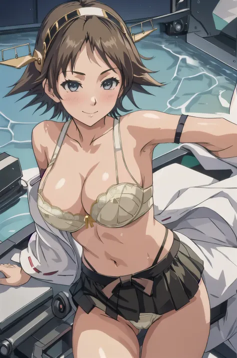 highest quality, masterpiece, High resolution, ((alone)), {Hiei_Kantai Collection:1.15},  ((Perfect hands, Perfect Legs, Perfect Anatomy)), ((オレンジ色hair)), hairband, headgear, Non-traditional_Miko, smile, blush, green_eye, Inverted up_hair, (One Girl), Depe...