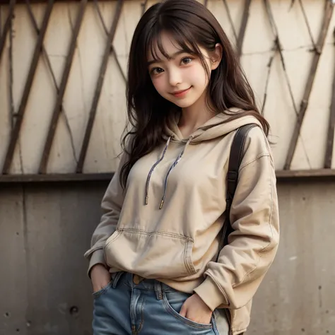 detailed face, cute face,brown eye, master piece , best quality , highly detailed , (matured female) , hand in pocket , hoodie , short denim , smile , japanese
