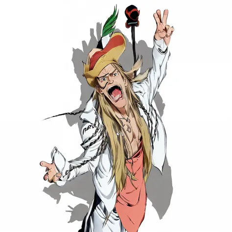 cartoon of a man with a hat and a long tongue sticking out, gyro zeppeli, from one piece, official art, chef saitama one punch man, lecherous pose, nicholas cage as monkey d luffy, by Okada Beisanjin, ren and stimpy style, miyamoto abduzeedo, official artw...