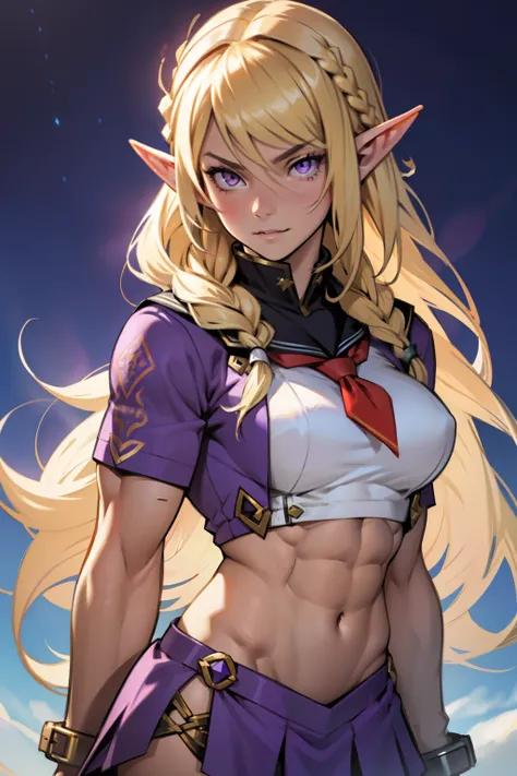 ((1 girl)), (solo), elf with pointy ears, (((muscular body))), purple eyes, blonde hair, long hair,perky breasts, (serafuku)