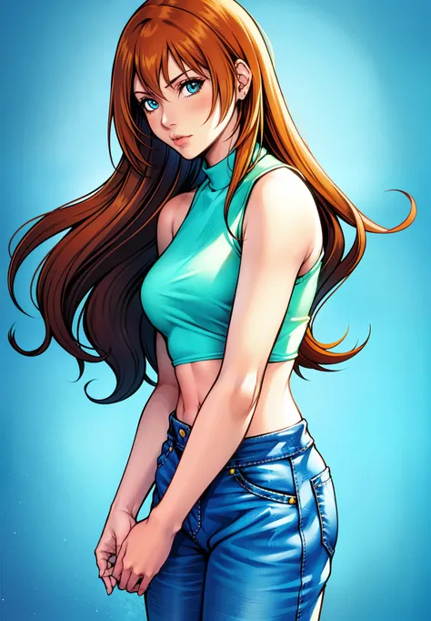 (Casual Outfit), (croptop, bluetshirt, yellow sleeves, jeans, sandals) Tetsuya nomura, 1girl, bloom, blue eyes, orange hair, simple background, solo, upper body
