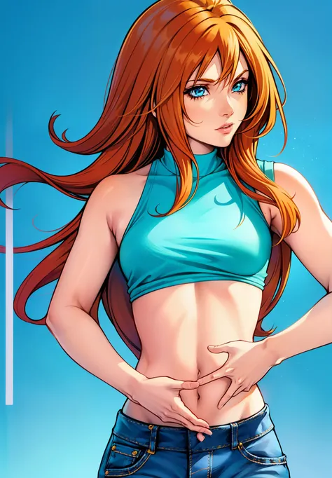 (Casual Outfit), (croptop, bluetshirt, yellow sleeves, jeans, sandals) Tetsuya nomura, 1girl, bloom, blue eyes, orange hair, simple background, solo, upper body 