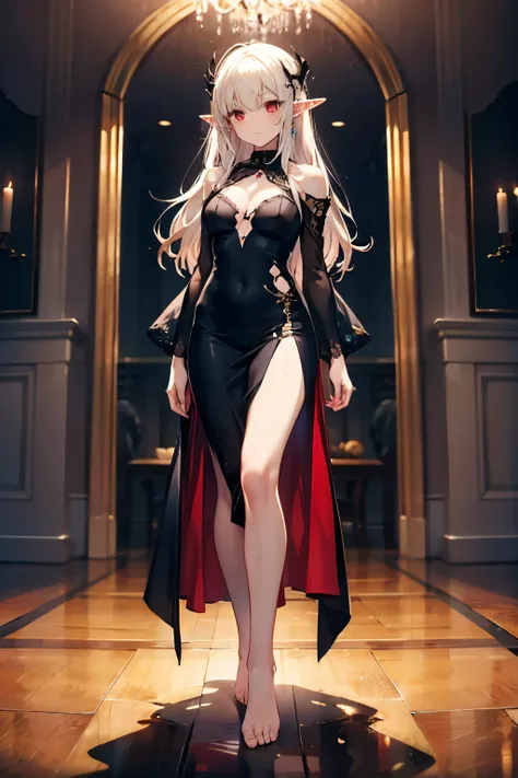 full-length standing view of a beautiful drawn face of a young beautiful elf vampire, domineering princess long ash hair red eyes domineering facial expression black and red luxurious dress without shoes cutout on the chest size two breasts in excellent qu...