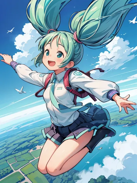 (masterpiece、highest quality、highest quality、Official Art、Beautiful and beautiful:1.2)、(One girl:1.3)Hatsune Miku、Twin tails,Big Breasts,masterpiece, highest quality, High resolution, sky diving, cute woman flight in the cloud, cloud, flight, fun, smile, s...