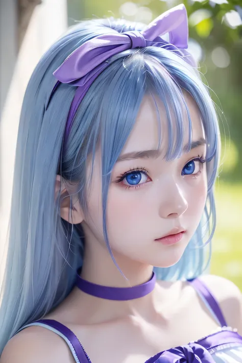 masterpiece、highest quality、8k、 ((upper shot close-up)) 、、(light blue eyes)、(16 years old)、(light blue hair with purple ribbon)、...