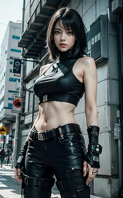 ((Best quality)), ((masterpiece)), (highly detailed:1.3), 3D, beautiful (cyberpunk:1.3) street samurai woman with thick shapeless hair, pistols worn on hips.European,