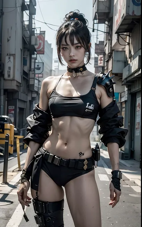 ((best quality)), ((masterpiece)), (highly detailed:1.3), 3d, beautiful (cyberpunk:1.3) street samurai woman with thick shapeles...