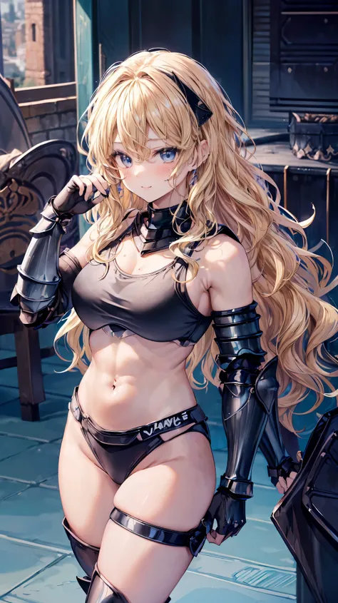 Very detailed、highest quality、Best image quality、masterpiece、8k、Anime Face、A kind smile、Open your mouth、Sparkling blue eyes、(Blonde wavy hair:1.5)、、Muscles of the whole body、camisole、Thigh belt、mini skirt、(Wearing black bikini armor:1.5)、(Cowboy Shot:1.5)、...