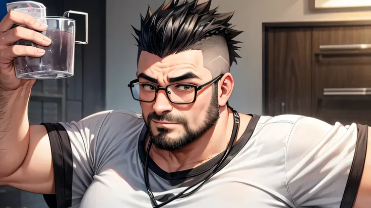 40-year-old male　Hair mixed with gray hair　Plump body　Stubble　T-Shirts　fat　超fat　Soft Mohawk　Glasses