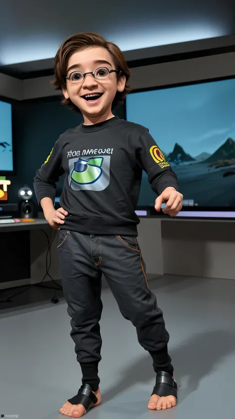 Imagem de um menino em formato Pixar, Hes the little one, Hes outgoing, frisky, cabelo pequeno, gamer, fone de ouvido