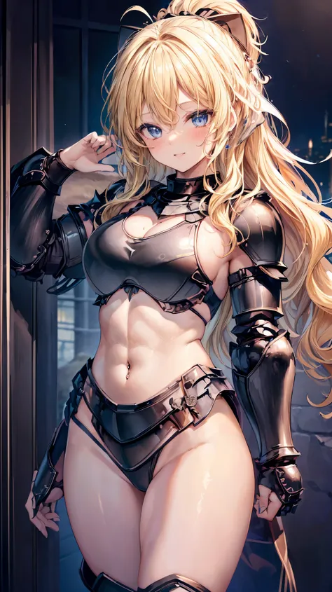 Very detailed、highest quality、Best image quality、masterpiece、8k、Anime Face、A kind smile、Open your mouth、Sparkling blue eyes、(Blonde wavy hair:1.5)、、Muscles of the whole body、camisole、Thigh belt、mini skirt、(Wearing black bikini armor:1.5)、(Cowboy Shot:1.5)、...