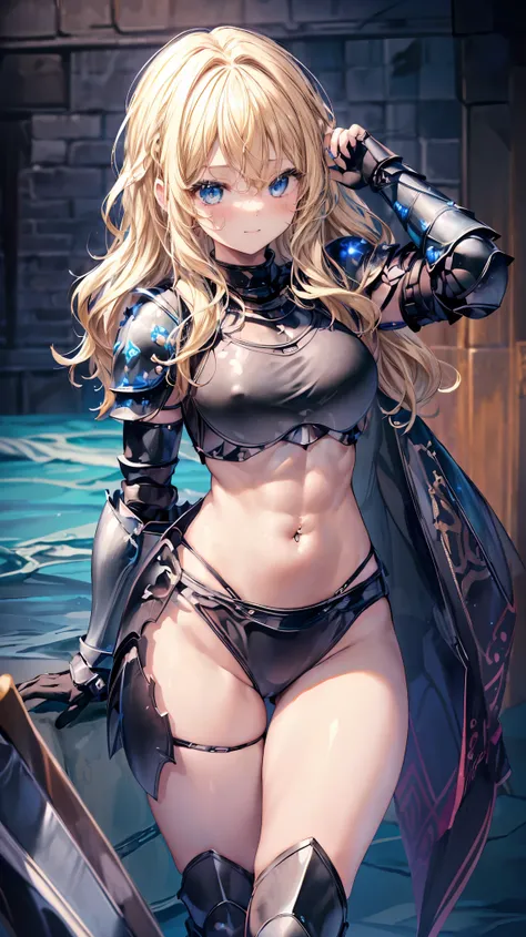 Very detailed、highest quality、Best image quality、masterpiece、8k、Anime Face、A kind smile、Open your mouth、Sparkling blue eyes、(Blonde wavy hair:1.5)、、Muscles of the whole body、camisole、Thigh belt、mini skirt、(Wearing black bikini armor:1.5)、(Cowboy Shot:1.5)、...