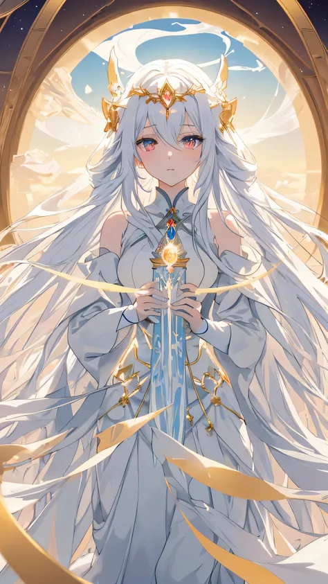 "Envision a Masterpiece in anime style, featuring one beautiful girl with translucent long white hair, cradling an hourglass, amidst an infinite desert with falling sands. The illustration should be in super detailed 8k quality, capturing the ethereal and ...