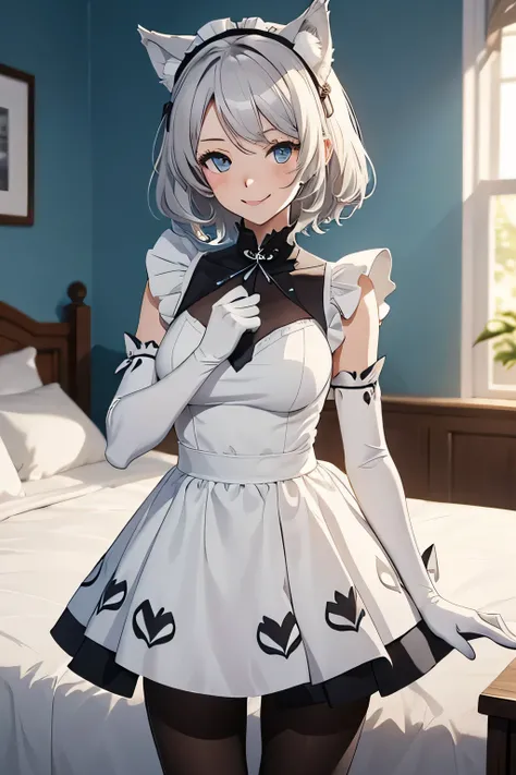 Tabletop　 Best image quality　wonderful　Attention to detail　One Young Woman（（Adult））Anime Style　White maid outfit（Sleeveless）　mini skirt　snow-white gloves（Elbow Gloves）　White Pantyhose（Plain）　Wolf Ears　short hair（（Shortcuts）（Gray Hair）（Curly Hair）（fluffy））　...