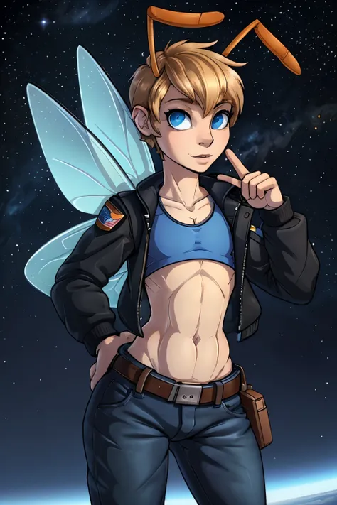 (Cute femboy Fairy), Tomboy, pretty face, human nose, space station background, thin body, slim, fit, insect antennas, dark blonde hair, tomboy pixie cut, blue eyes, flat chested, adjatha, utility belt, cropped jacket, black tanktop, jean pants, SFW, blue ...