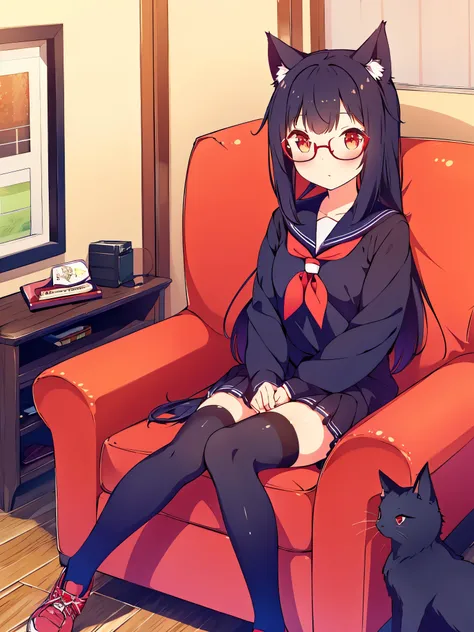 1 girl,black, hair,cat, ears, red, eyes, in a navy, sailor,  with, stockings, with, glasses, with, decorations, in, her, red, ha...