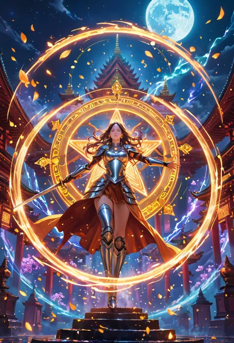 (best quality, masterpiece:1.2), ultra-detailed, A huge sword, ancient glowing symbols on the Shield, a girl wearing armor, （riding a unicod：1.8）, Cuvry Pose, Dynamic Action, long flowing hair, silver armor, electric arc hexagram magic circle background, m...