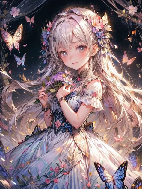 (beautiful cute girl), (butterfly ornament), (butterfly dress), ((many butterflies)), (((background of many flowers ))), (((brig...