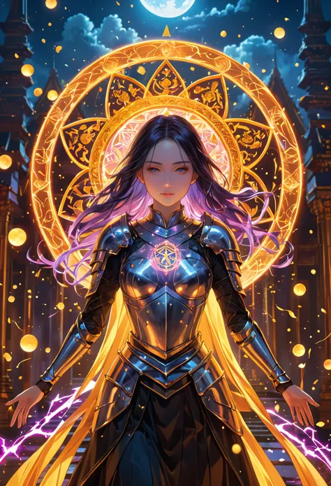 (best quality, masterpiece:1.2), ultra-detailed, A huge sword, ancient glowing symbols on the Shield, a girl wearing armor, （riding a unicod：1.8）, Cuvry Pose, Dynamic Action, long flowing hair, silver armor, electric arc hexagram magic circle background, m...