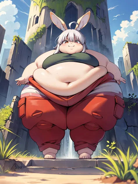(( obese Nanachi)), obese body, ((masterpiece)), wide shot, (Professional Photography:1.2), obese bunny, very cute, from below, summer sky, (beautiful ruins), fantasy on background, ((detail of nanachipants)), detail of eyes, sweaty, very smirk, Textured s...