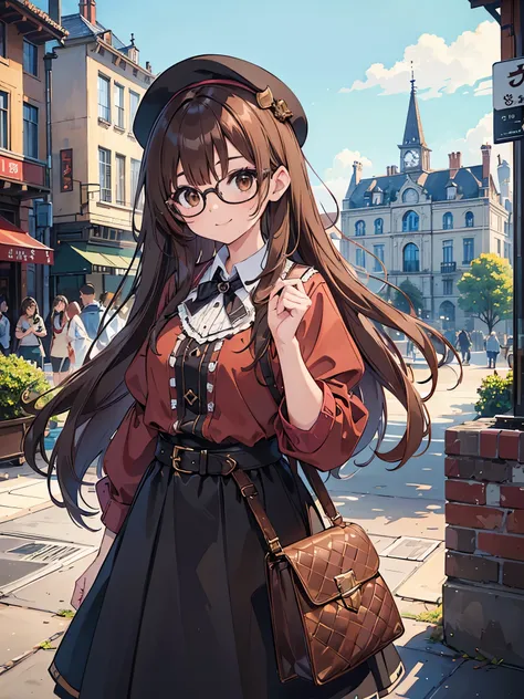 1 Female、Brown hair、Brown Eyes、Best Quality、Super detailed、8 Resolution、Raw photo、Mastepiece、Perfect Body、high resolution、highest quality、Detailed drawing、Vibrant colors、lure、smile、Long Hair、Black-rimmed glasses、Captivating breastaid clothes、Western-style ...