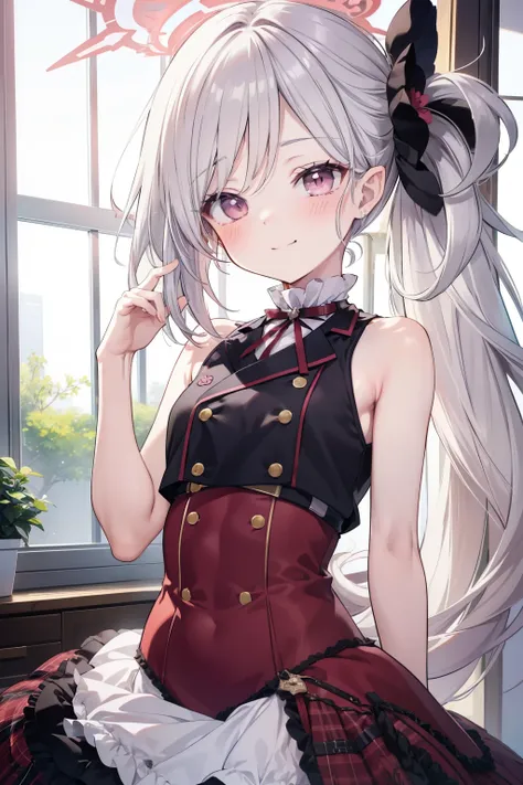 Asahi Mutsuki、Good looking girl (blush, Perfect Face), independent , Looking at the camera, masterpiece, Anime art style, Cute Characters, Most detailed, high quality、Nico Nico Smile、Show your armpits、Silver Hair、side ponytail、Small breasts、Lolita、Combat U...