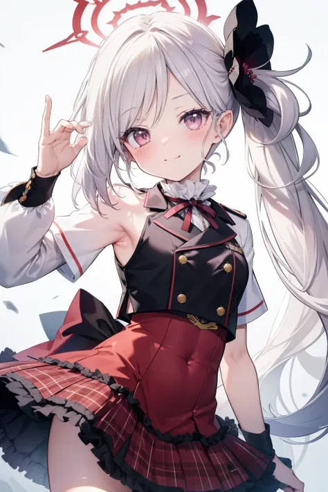 Asahi Mutsuki、Good looking girl (blush, Perfect Face), independent , Looking at the camera, masterpiece, Anime art style, Cute Characters, Most detailed, high quality、Nico Nico Smile、Show your armpits、Silver Hair、side ponytail、Small breasts、Lolita、Combat U...