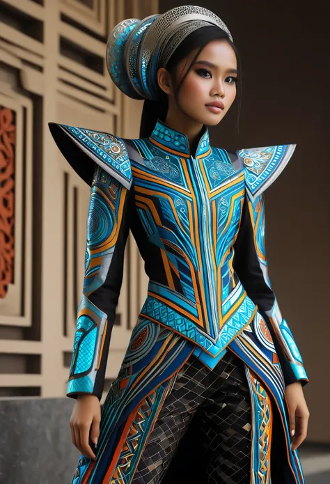 an indonesian-styled futuristic suit worn by a girl depicting cultural fusion and modern fashion. the suit is adorned with intri...