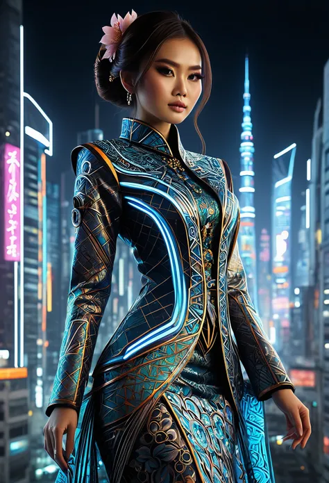 (high quality), (masterpiece), (detailed), 8K, Hyper-realistic digital illustration depicts a (Japanese woman1.3) wearing a (futuristic kebaya1.2) with (intricate batik patterns1.2) inspired by Indonesian culture. Her (fantasy outfit1.2) is adorned with (g...