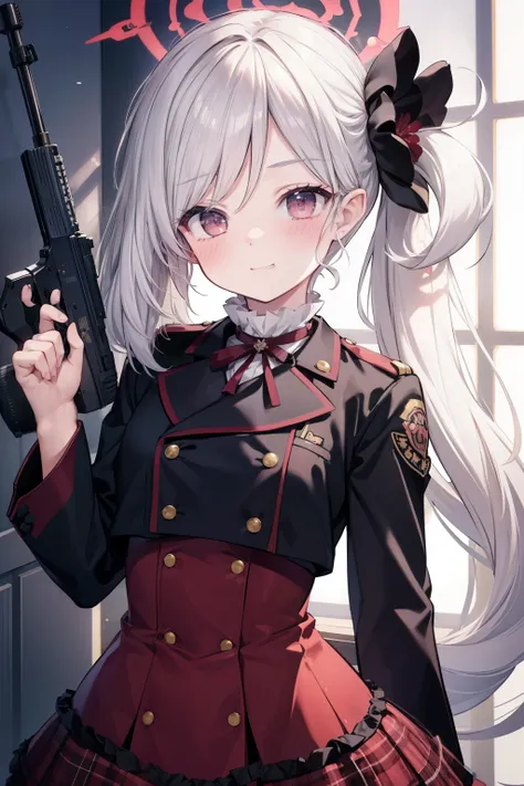 Asahi Mutsuki、Good looking girl (blush, Perfect Face), independent , Looking at the camera, masterpiece, Anime art style, Cute Characters, Most detailed, high quality、Nico Nico Smile、Silver Hair、side ponytail、Small breasts、Lolita、Combat Uniform、gunを持っている、g...