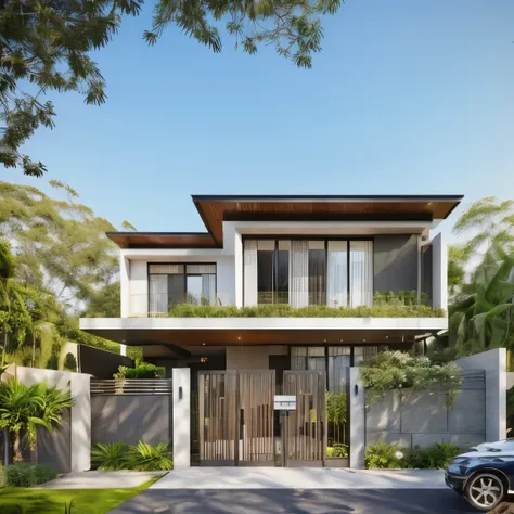 a modern house, grass fence, lawn, dark gray and coated wall material, Thai roof, strong modern style, blue sky, warm yellow light from inside, daylight day, feeling youthful