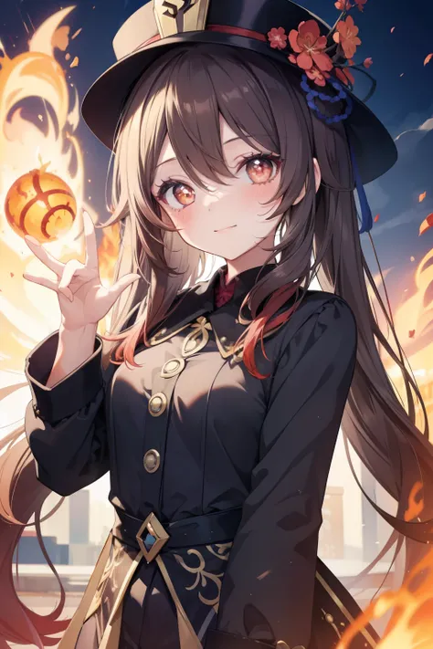 Walnuts、Good looking girl (blush, Perfect Face), independent , Looking at the camera, masterpiece, Anime art style, Cute Characters, Most detailed, high quality、Nico Nico Smile、There are highlights in the eyes、Wear a hat、Long Hair、Use fire magic、Fighting