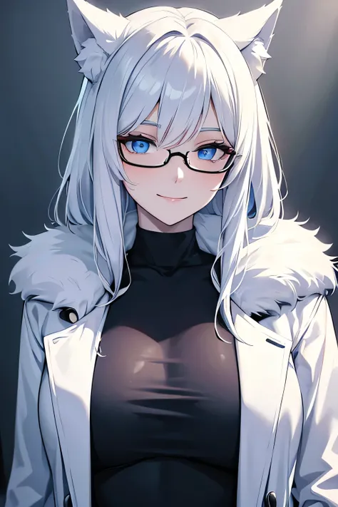 masterpiece, highlydetailed, ultra-detailed, cold, solo, (1woman), (pale skin), glowing blue eyes, frosty white hair, young lady, goddess, cool kuudere woman, (sci-fi), (modern casual clothes), lazy, flat expression, (polite clothes), (close clothes), (fut...