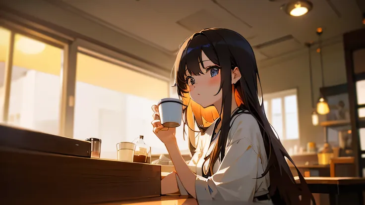 Beautiful girl drinking coffee in a stylish cafe。Warm lighting。Wearing clothes。Japanese anime style。cute。