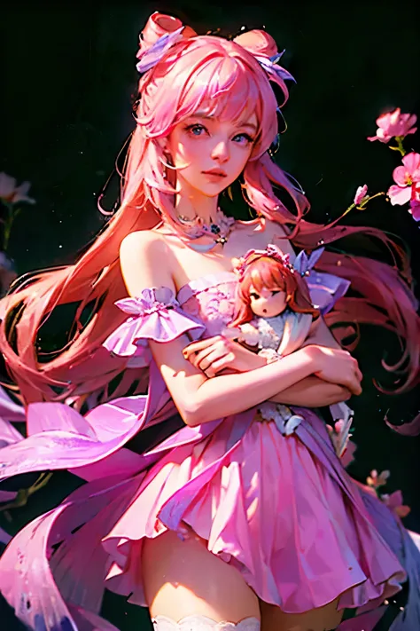 One of them is wearing a pink dress、Portrait of a woman holding flowers in GALAHAD, Ball joint doll, Fairy Tale Core, Rococo dress, Anime Barbie, anime barbie white, Rococo style clothing, Dreamy dress, Wearing pink ball gown, Woman in glowing floral dress...