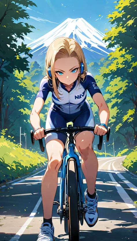 frontal full body shot, Android 18 from Dragon Ball, pedaling the bike with one leg raised and knee bent in cycling motion, sitting on the saddle with her buttocks on the bike seat, slender feminine figure in cycling pose, torso leaning forward over the lo...