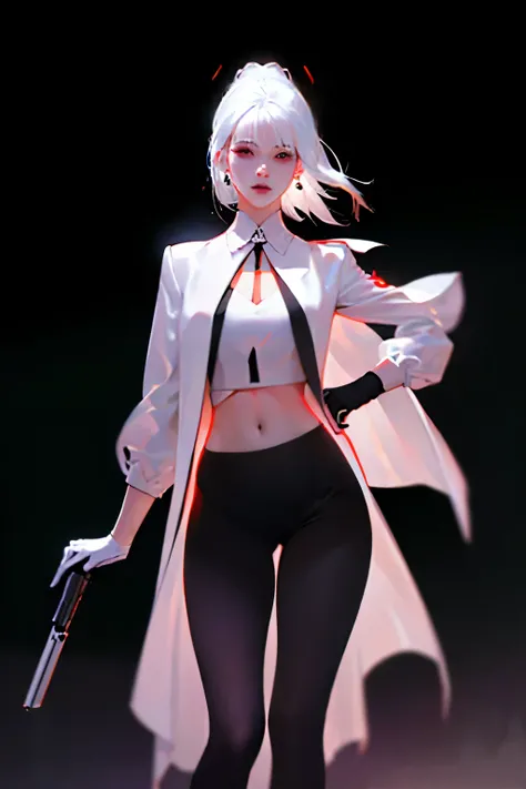 1 Girl, close up, (white hair, Medium Length Hair,Red Eyes), Perfect anatomical structure, City, Cyberpunk style, ((White shirt, Black jacket, Black skirt, navel, belt, Black gloves, tie, Watches, earrings, see through black leggings)), ((Holding a gun)), ...