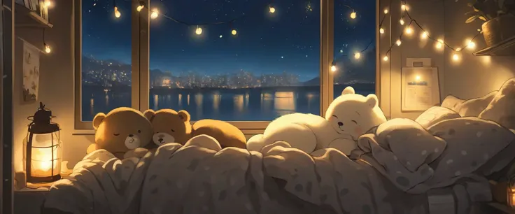 cute girl sleeping comfortably in bed, covered with a blanket, stuffed animals, wall string lights, window, cozy and comfortable...