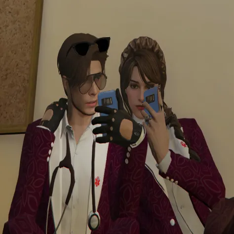 white male and female doctor, wearing a maroon blazer, with a stethoscope around his neck, wearing sunglasses, holding cellphone, 