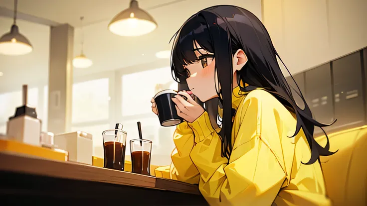 Beautiful girl with black hair drinking coffee in a stylish cafe。Warm lighting。Wearing a pastel yellow sweater。Anime Style。cute。