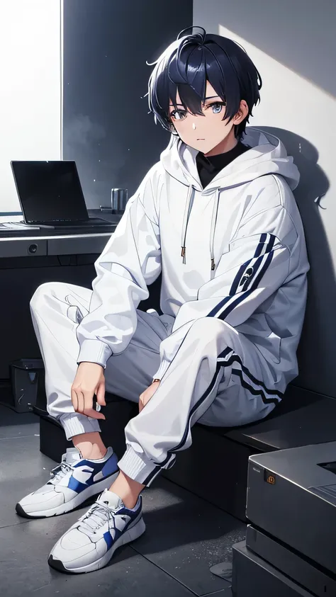 1 male, Short dark blue hair, Silver Eyes, White hoodie, Black trousers, White Background, whole body, Shoes are also visible, High resolution, 8k, Utra Sharp, masterpiece, Looking at the audience