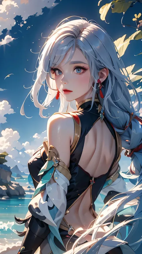 (masterpiece, Highest quality, Highest, Official Art, beautifully、aesthetic, exposed for a long time、Realistic: 1.4), Smooth movement, Captivating patterns, (((shenhe(genshin impact:1.5))))1 girl, No shoulders, chinese girl, （White long hair、Long white hai...