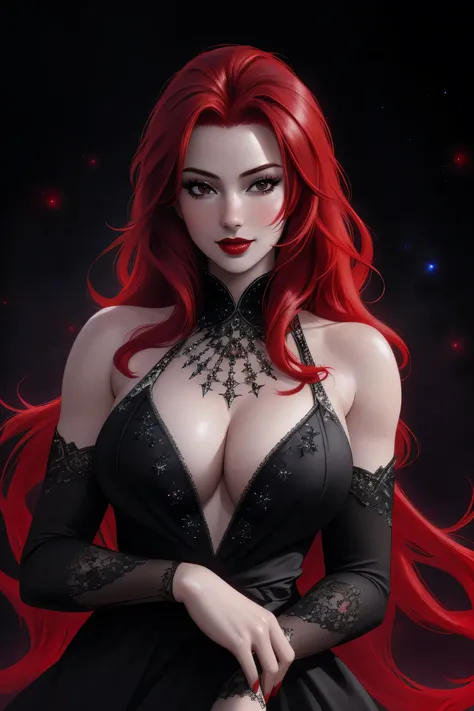 (Masterpiece - Ultra-Detailed, High Resolution)  ((vivid red hair)), mature woman, 30 years old, diamond face, red starry sky background, depth of field, magic, big red lips, ((dark and black eyes)) black and red long and full dress, covered chest, mystica...