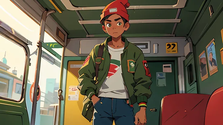 a masterpiece, best quality, a young man wearing a green bomber jacket, jeans and a red beanie stepping out of a bus door, long shot, bus stop