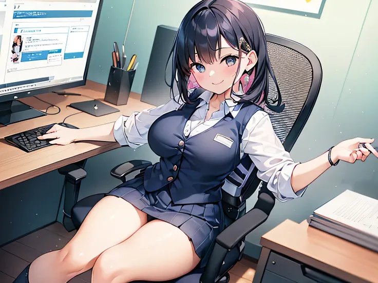 (Masterpiece, highest quality, high resolution, realistic photo, realistic skin: 1.1), 
(Woman sitting in company mesh office chair working: 1.5),  
(Smiling face: 1.5), 
(She is wearing the company uniform of a white shirt, navy blue vest with open front ...