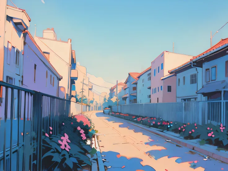 blue sky、Beautiful flower bed、A street lined with buildings in the distance