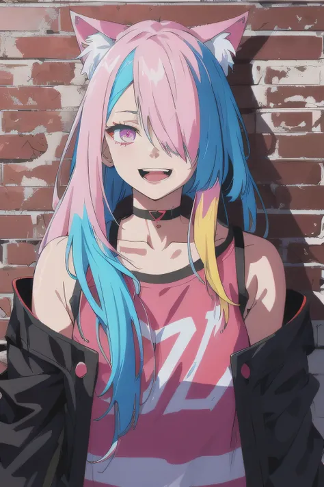 best quality, intricate details, chromatic aberration,1girl, long hair, colourful hair, messy hair, red highlights, hair over one eye,cat eyes, sharp eyes, Laughing ,choker, neon shirt, jacket,against wall, brick wall, blacklight,wolf ears