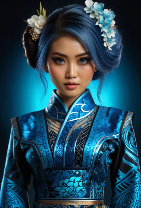 (high quality), (masterpiece), (detailed), 8K, Hyper-realistic digital illustration depicts the (upper body1.3) of a (Japanese woman1.3) with (vibrant blue hair1.5) and (intense blue eyes1.5) wearing a (futuristic kebaya1.2) with (intricate batik patterns1...